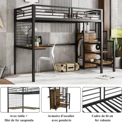 Okwish Lit mezzanine 90x200 cm enfant métal avec bureau et armoire intégrée, échelle sécurisée, blanc et naturel sans matelas