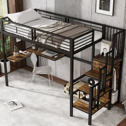 Okwish Lit mezzanine 90x200 cm enfant métal avec bureau et armoire intégrée, échelle sécurisée, blanc et naturel sans matelas