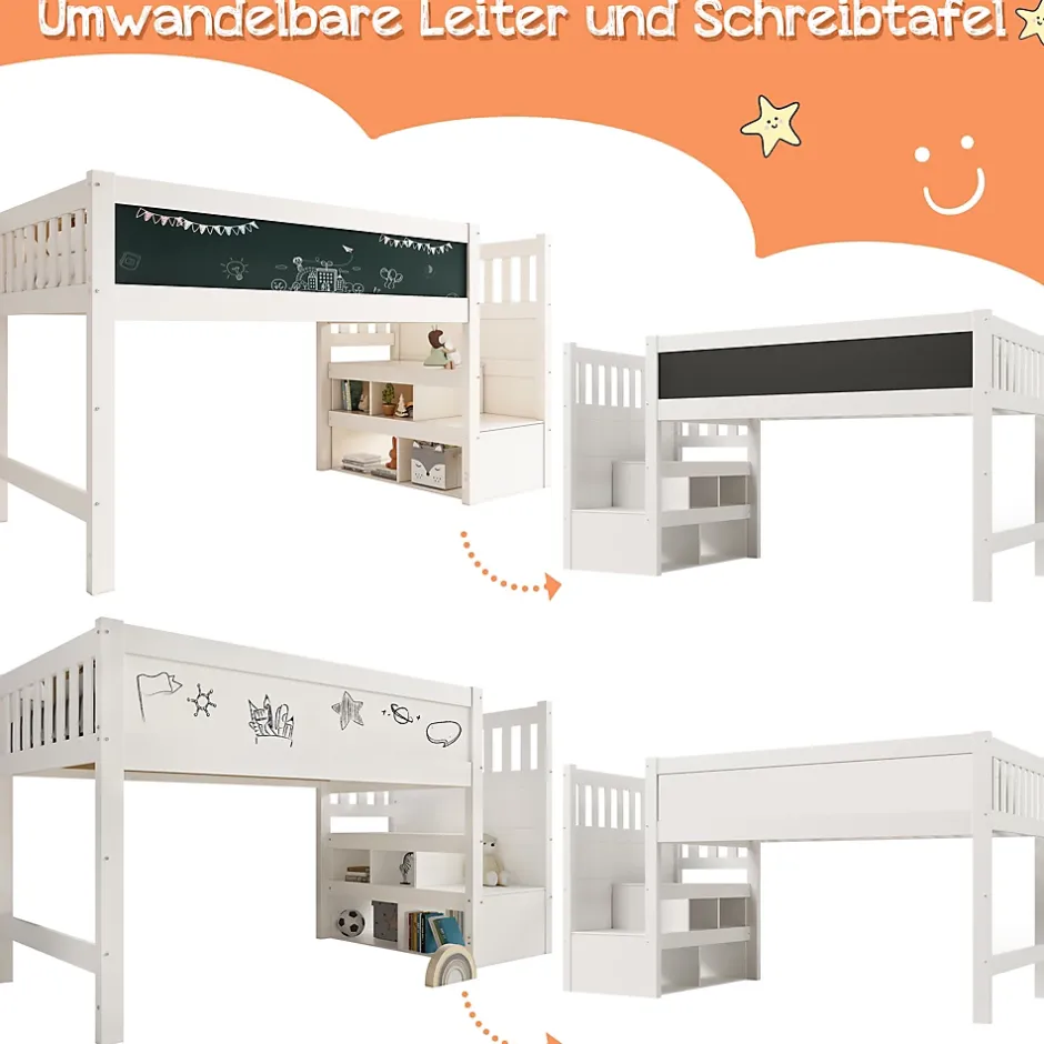 Okwish Lit Mezzanine 90x200 cm enfant, Bureau, Rangement, Tiroirs, Protection Anti-Chute, Tableau Blanc/Noir, Bois Blanc, Sans Matelas Outlet