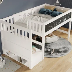 Okwish Lit Mezzanine 90x200 cm enfant, Bureau, Rangement, Tiroirs, Protection Anti-Chute, Tableau Blanc/Noir, Bois Blanc, Sans Matelas Outlet