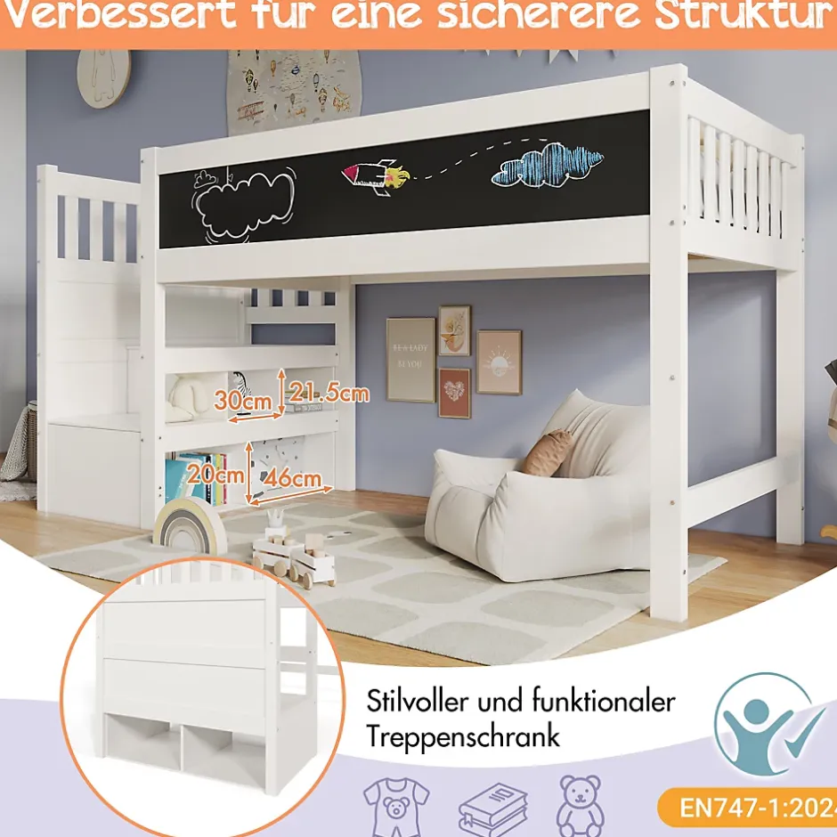 Okwish Lit Mezzanine 90x200 cm enfant, Bureau, Rangement, Tiroirs, Protection Anti-Chute, Tableau Blanc/Noir, Bois Blanc, Sans Matelas Outlet