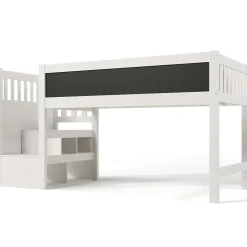 Okwish Lit Mezzanine 90x200 cm enfant, Bureau, Rangement, Tiroirs, Protection Anti-Chute, Tableau Blanc/Noir, Bois Blanc, Sans Matelas Outlet