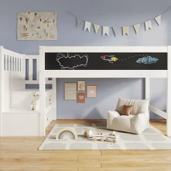 Okwish Lit Mezzanine 90x200 cm enfant, Bureau, Rangement, Tiroirs, Protection Anti-Chute, Tableau Blanc/Noir, Bois Blanc, Sans Matelas Outlet