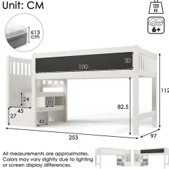 Okwish Lit Mezzanine 90x200 cm enfant, Bureau, Rangement, Tiroirs, Protection Anti-Chute, Tableau Blanc/Noir, Bois Blanc, Sans Matelas Outlet