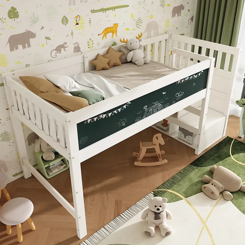 Okwish Lit Mezzanine 90x200 cm enfant, Bureau, Rangement, Tiroirs, Protection Anti-Chute, Tableau Blanc/Noir, Bois Blanc, Sans Matelas Outlet