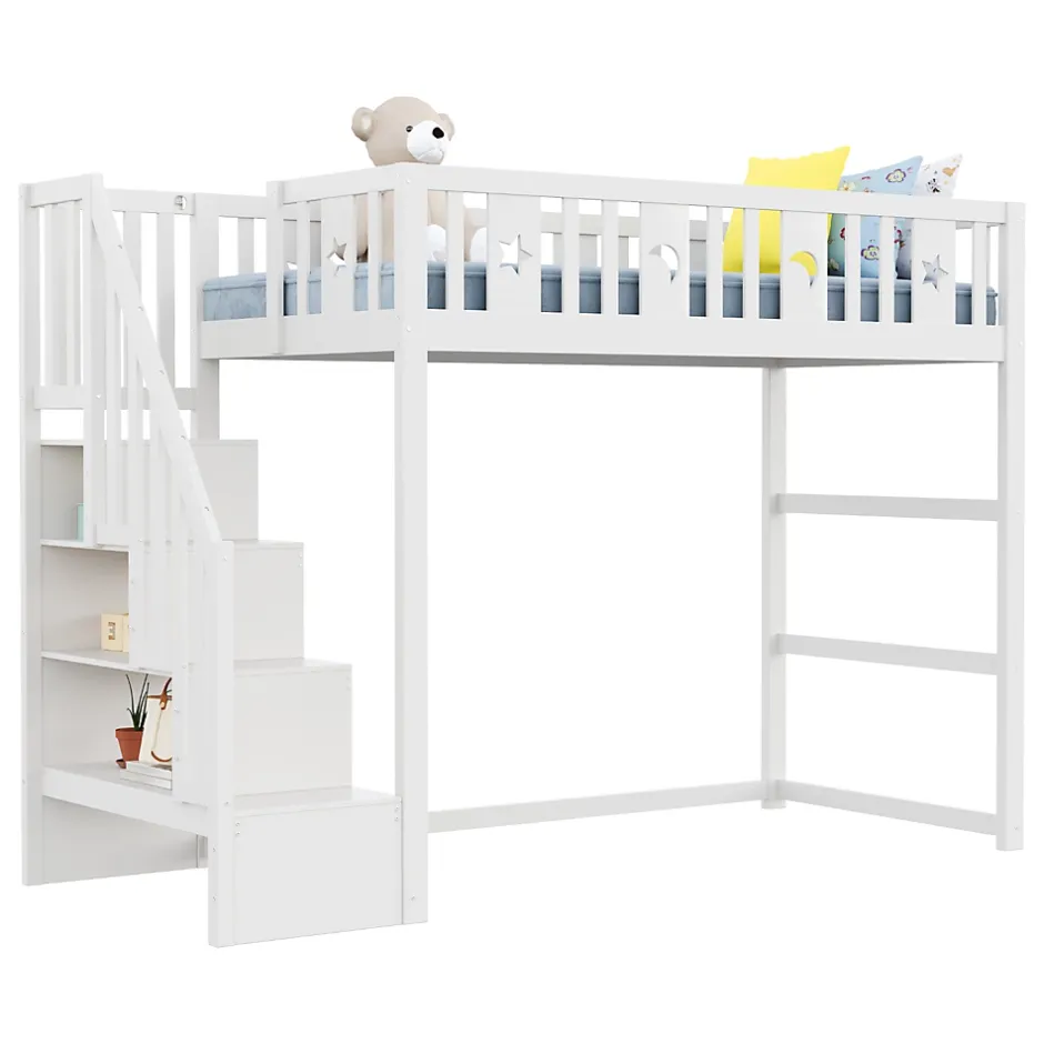 Okwish Lit mezzanine 90x200 cm enfant avec escalier intégré, barrières de sécurité, déco lune et étoiles, bois massif blanc sans matelas Outlet