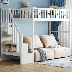 Okwish Lit mezzanine 90x200 cm enfant avec escalier intégré, barrières de sécurité, déco lune et étoiles, bois massif blanc sans matelas Outlet
