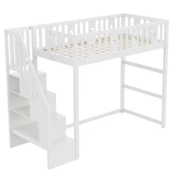 Okwish Lit mezzanine 90x200 cm enfant avec escalier intégré, barrières de sécurité, déco lune et étoiles, bois massif blanc sans matelas Outlet