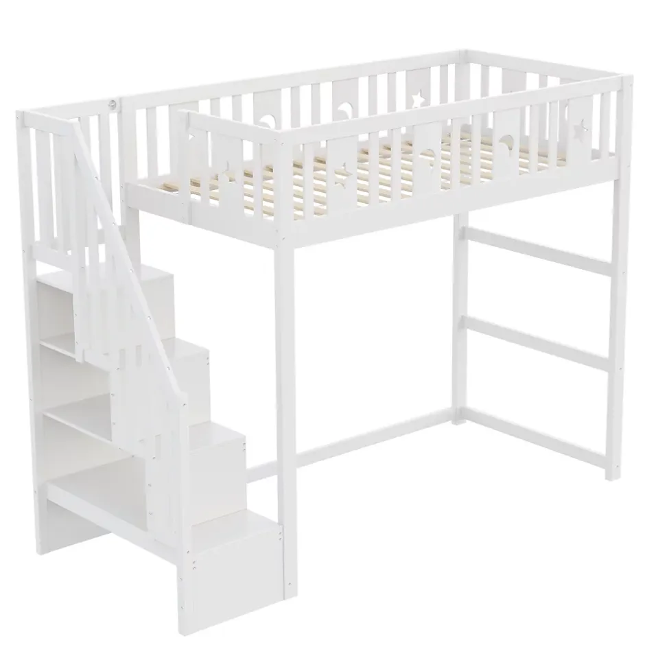 Okwish Lit mezzanine 90x200 cm enfant avec escalier intégré, barrières de sécurité, déco lune et étoiles, bois massif blanc sans matelas Outlet