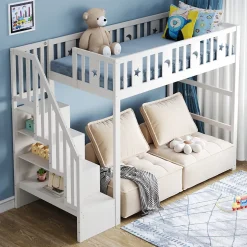 Okwish Lit mezzanine 90x200 cm enfant avec escalier intégré, barrières de sécurité, déco lune et étoiles, bois massif blanc sans matelas Outlet