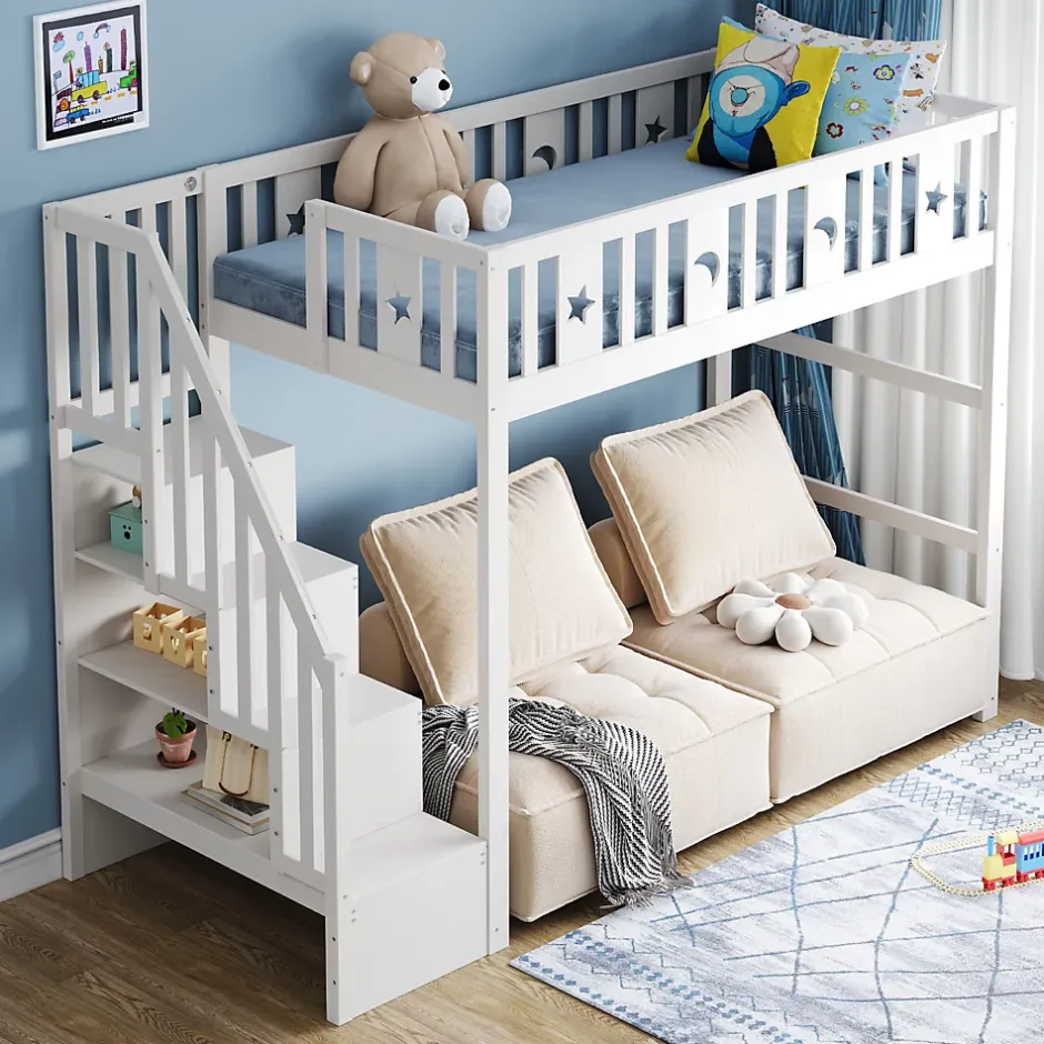 Okwish Lit mezzanine 90x200 cm enfant avec escalier intégré, barrières de sécurité, déco lune et étoiles, bois massif blanc sans matelas Outlet