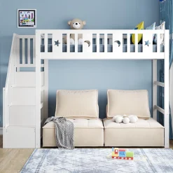 Okwish Lit mezzanine 90x200 cm enfant avec escalier intégré, barrières de sécurité, déco lune et étoiles, bois massif blanc sans matelas Outlet