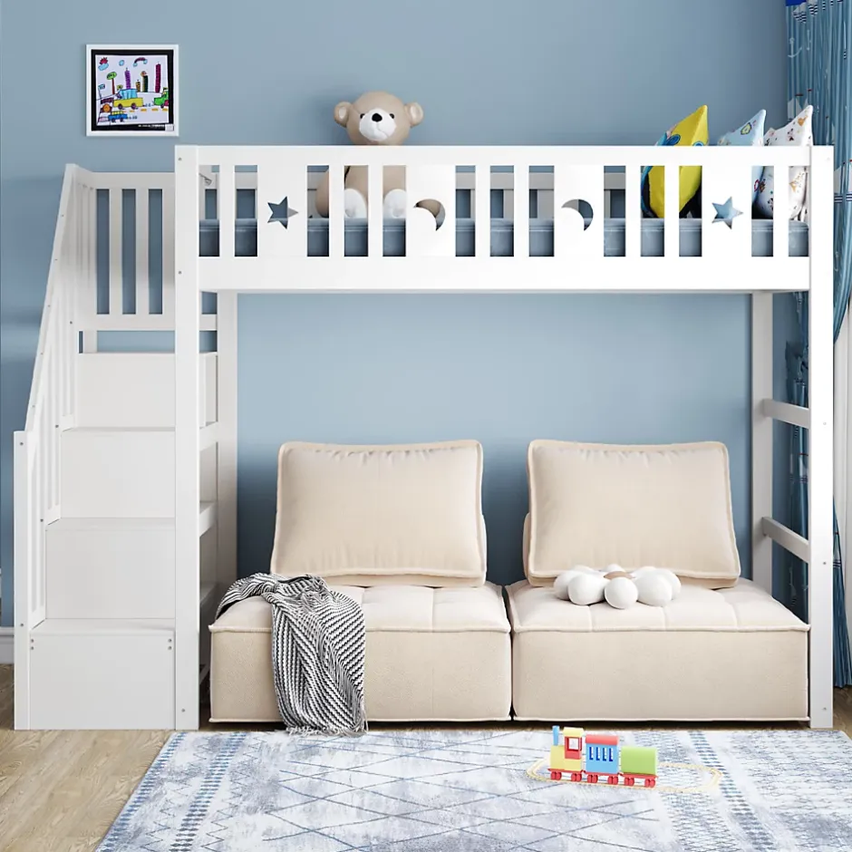 Okwish Lit mezzanine 90x200 cm enfant avec escalier intégré, barrières de sécurité, déco lune et étoiles, bois massif blanc sans matelas Outlet