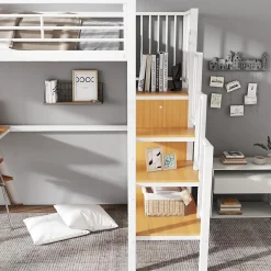 Okwish Lit mezzanine 90x200 cm enfant métal avec bureau et armoire intégrée, échelle sécurisée, blanc et naturel sans matelas