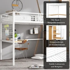 Okwish Lit mezzanine 90x200 cm enfant métal avec bureau et armoire intégrée, échelle sécurisée, blanc et naturel sans matelas