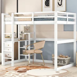 Okwish Lit mezzanine 140x200 cm enfant avec bureau et 4 compartiments de rangement, lit combiné bois naturel blanc sans matelas