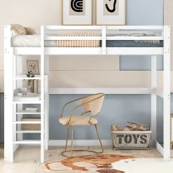 Okwish Lit mezzanine 140x200 cm enfant avec bureau et 4 compartiments de rangement, lit combiné bois naturel blanc sans matelas