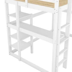 Okwish Lit mezzanine 140x200 cm enfant avec bureau et 4 compartiments de rangement, lit combiné bois naturel blanc sans matelas