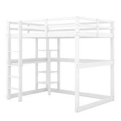 Okwish Lit mezzanine 140x200 cm enfant avec bureau et 4 compartiments de rangement, lit combiné bois naturel blanc sans matelas