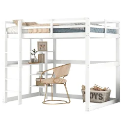 Okwish Lit mezzanine 140x200 cm enfant avec bureau et 4 compartiments de rangement, lit combiné bois naturel blanc sans matelas