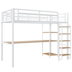 Okwish Lit mezzanine 90x200 cm enfant métal, bureau et étagères intégrés, échelle de sécurité, garde-corps métal, blanc - Sans matelas Outlet