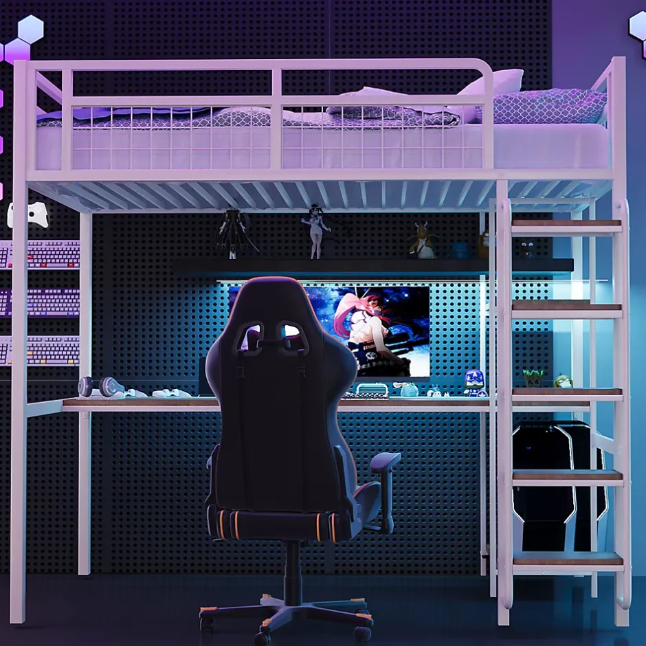 Okwish Lit mezzanine 90x200 cm enfant métal, bureau et étagères intégrés, échelle de sécurité, garde-corps métal, blanc - Sans matelas Outlet