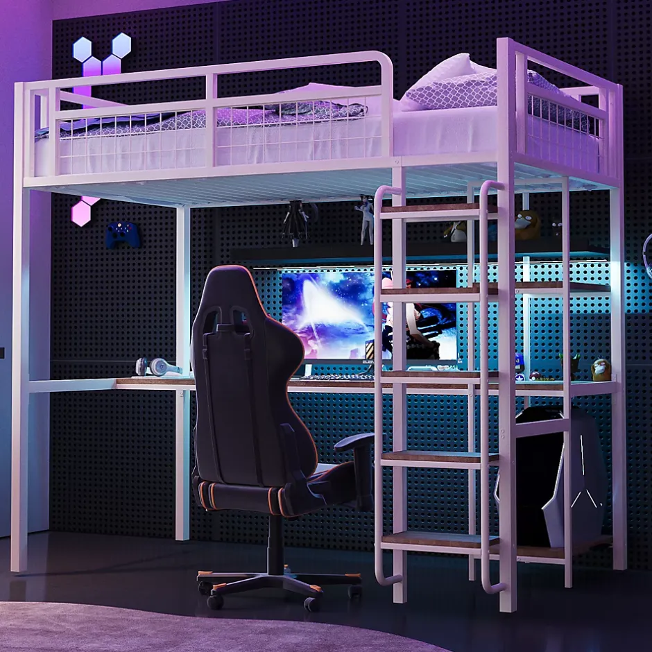 Okwish Lit mezzanine 90x200 cm enfant métal, bureau et étagères intégrés, échelle de sécurité, garde-corps métal, blanc - Sans matelas Outlet