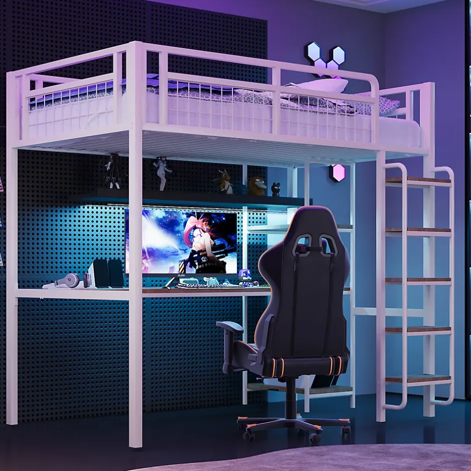 Okwish Lit mezzanine 90x200 cm enfant métal, bureau et étagères intégrés, échelle de sécurité, garde-corps métal, blanc - Sans matelas Outlet