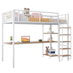 Okwish Lit mezzanine 90x200 cm enfant métal, bureau et étagères intégrés, échelle de sécurité, garde-corps métal, blanc - Sans matelas Outlet