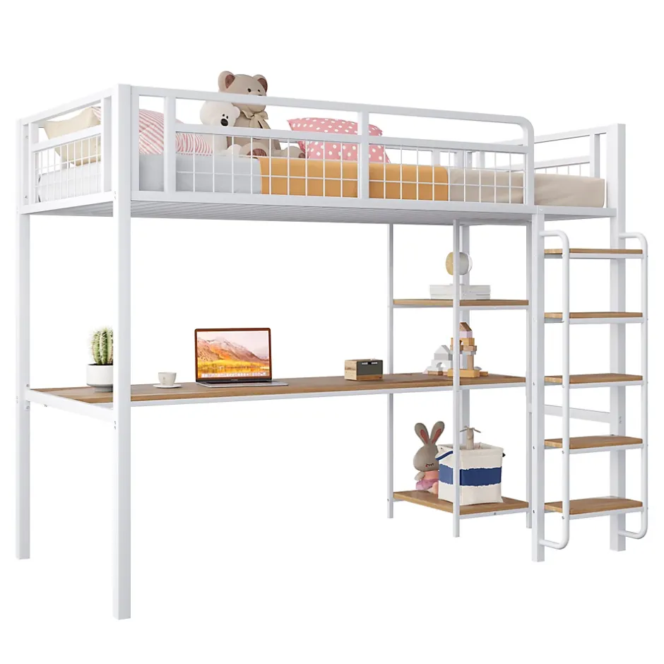 Okwish Lit mezzanine 90x200 cm enfant métal, bureau et étagères intégrés, échelle de sécurité, garde-corps métal, blanc - Sans matelas Outlet