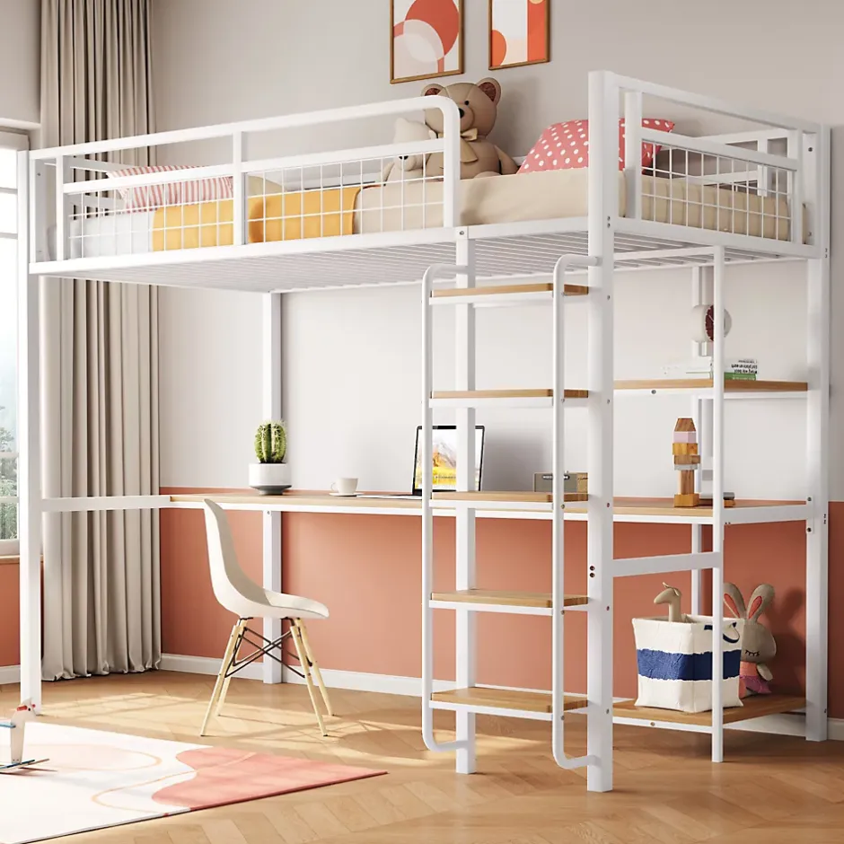 Okwish Lit mezzanine 90x200 cm enfant métal, bureau et étagères intégrés, échelle de sécurité, garde-corps métal, blanc - Sans matelas Outlet