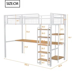 Okwish Lit mezzanine 90x200 cm enfant métal, bureau et étagères intégrés, échelle de sécurité, garde-corps métal, blanc - Sans matelas Outlet
