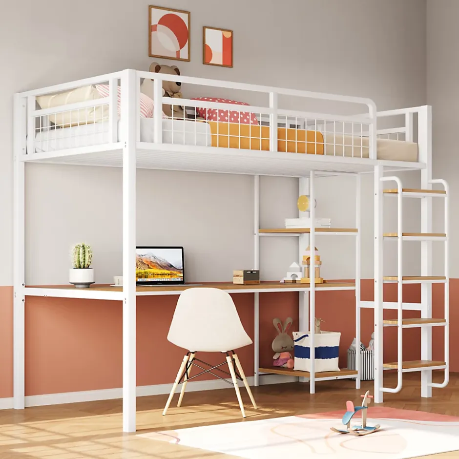 Okwish Lit mezzanine 90x200 cm enfant métal, bureau et étagères intégrés, échelle de sécurité, garde-corps métal, blanc - Sans matelas Outlet