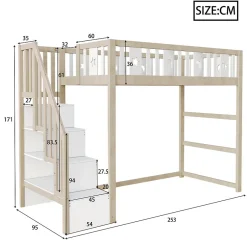 Okwish Lit mezzanine 90x200 cm enfant avec escalier intégré et sécurité, décor lune et étoiles, bois massif blanc et bois sans matelas