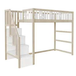 Okwish Lit mezzanine 90x200 cm enfant avec escalier intégré et sécurité, décor lune et étoiles, bois massif blanc et bois sans matelas