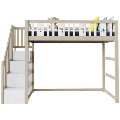 Okwish Lit mezzanine 90x200 cm enfant avec escalier intégré et sécurité, décor lune et étoiles, bois massif blanc et bois sans matelas
