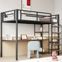 Okwish Lit mezzanine 90x200 cm enfant métal, bureau et étagères intégrés, échelle de sécurité, garde-corps métal, noir - Sans matelas
