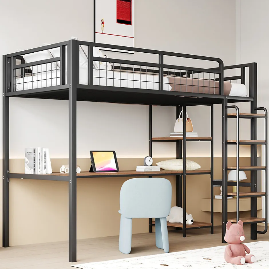 Okwish Lit mezzanine 90x200 cm enfant métal, bureau et étagères intégrés, échelle de sécurité, garde-corps métal, noir - Sans matelas