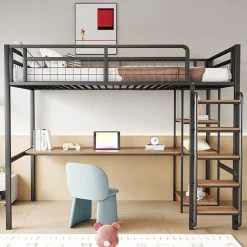 Okwish Lit mezzanine 90x200 cm enfant métal, bureau et étagères intégrés, échelle de sécurité, garde-corps métal, noir - Sans matelas