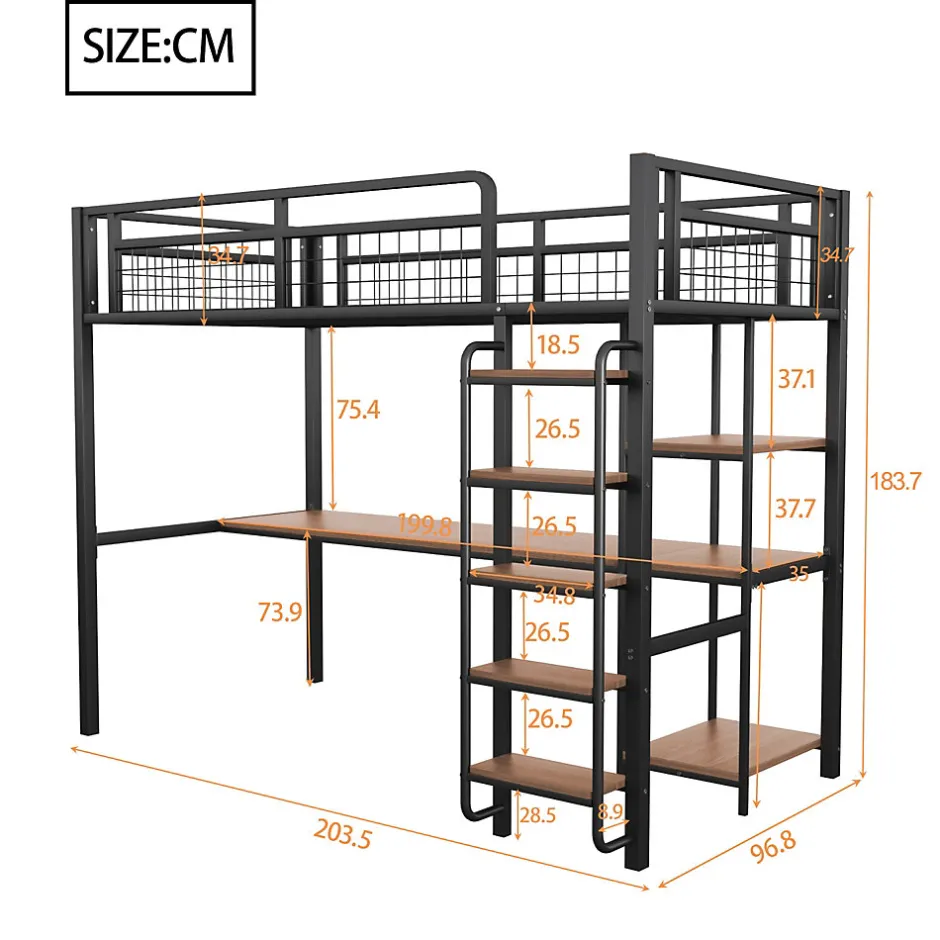 Okwish Lit mezzanine 90x200 cm enfant métal, bureau et étagères intégrés, échelle de sécurité, garde-corps métal, noir - Sans matelas