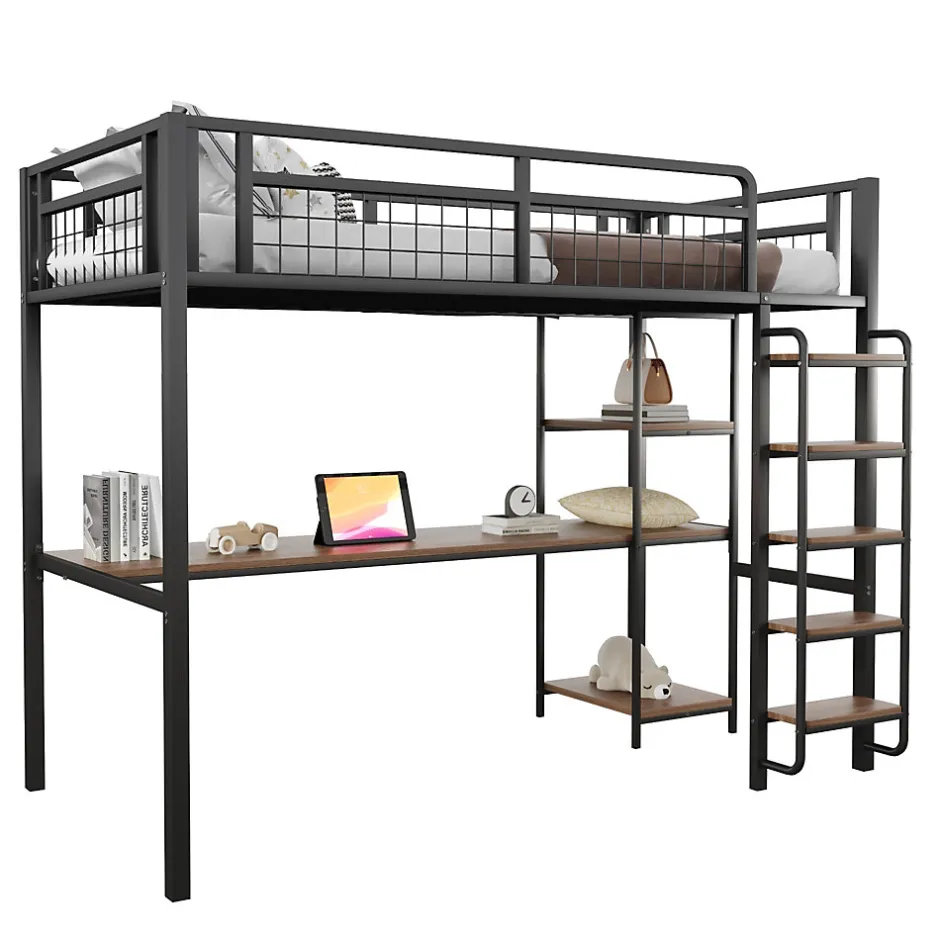 Okwish Lit mezzanine 90x200 cm enfant métal, bureau et étagères intégrés, échelle de sécurité, garde-corps métal, noir - Sans matelas