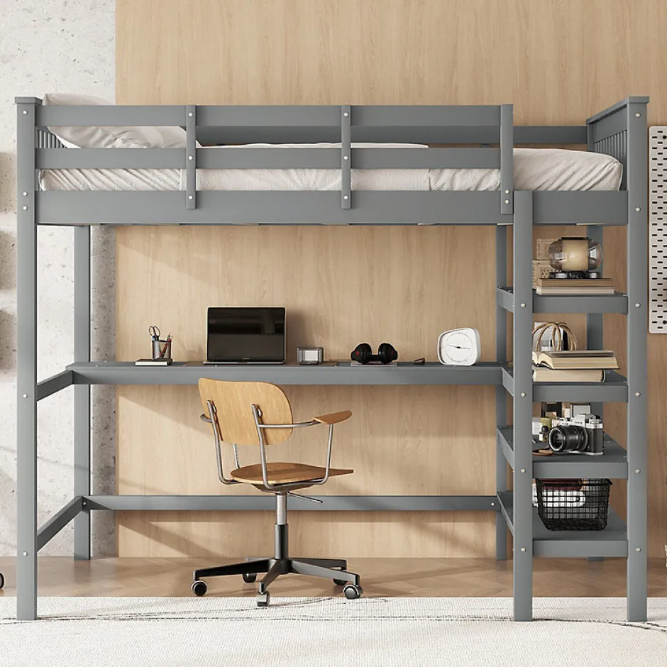 Enfant Aapaas Lit mezzanine 140x200 cm gris sans matelas avec bureau integre et etageres pour chambre enfant