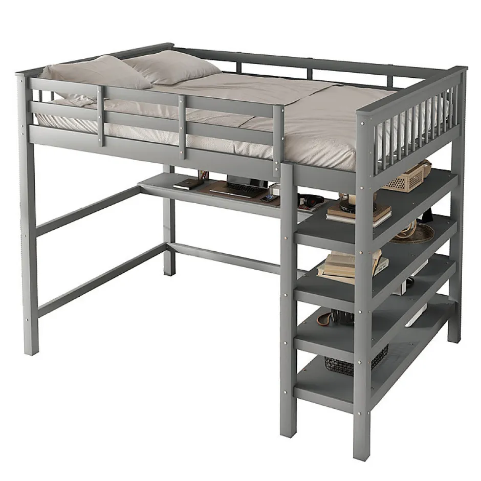 Enfant Aapaas Lit mezzanine 140x200 cm gris sans matelas avec bureau integre et etageres pour chambre enfant