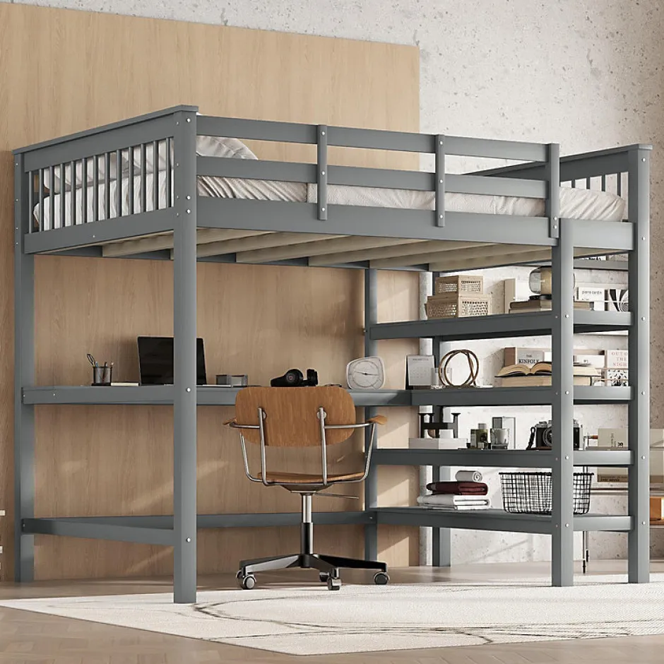 Enfant Aapaas Lit mezzanine 140x200 cm gris sans matelas avec bureau integre et etageres pour chambre enfant