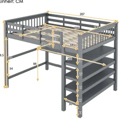 Enfant Aapaas Lit mezzanine 140x200 cm gris sans matelas avec bureau integre et etageres pour chambre enfant