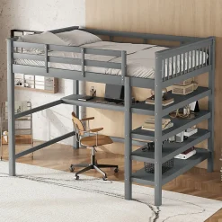 Enfant Aapaas Lit mezzanine 140x200 cm gris sans matelas avec bureau integre et etageres pour chambre enfant