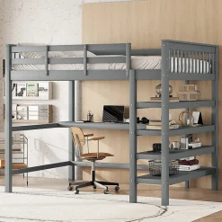 Enfant Aapaas Lit mezzanine 140x200 cm gris sans matelas avec bureau integre et etageres pour chambre enfant