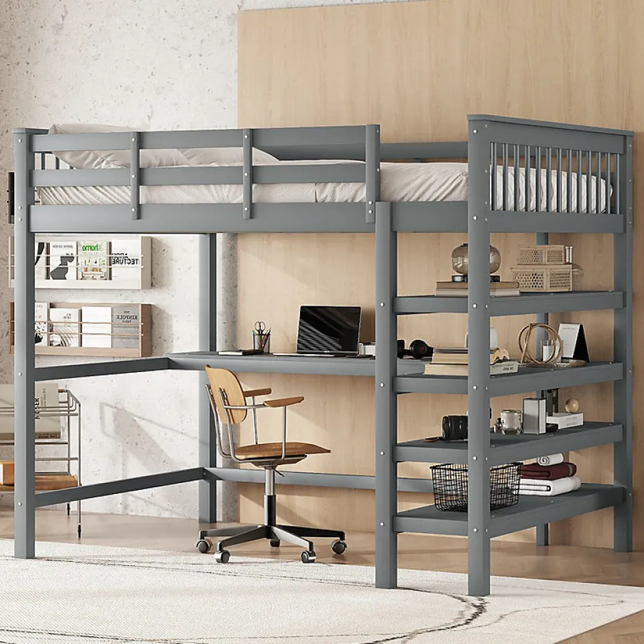 Enfant Aapaas Lit mezzanine 140x200 cm gris sans matelas avec bureau integre et etageres pour chambre enfant