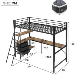 Okwish Lit Mezzanine 90x200 cm, Lit Ado en Métal avec Grand Bureau 2 m et 3 Tiroirs de Rangement, Style Industriel - Noir + Noyer Foncé New