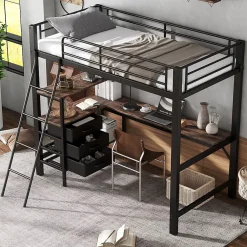 Okwish Lit Mezzanine 90x200 cm, Lit Ado en Métal avec Grand Bureau 2 m et 3 Tiroirs de Rangement, Style Industriel - Noir + Noyer Foncé New
